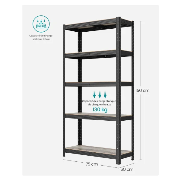 Étagère Noir 75 x 30 x 150 cm 5 niveaux Rack Rangement Stockage Charge Lourde 650 kg