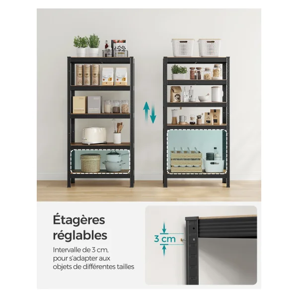 Étagère Noir Marron Rustique 75 x 30 x 150 cm 5 niveaux Rack Rangement Stockage Charge Lourde 650 kg