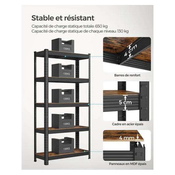 Étagère Noir Marron Rustique 75 x 30 x 150 cm 5 niveaux Rack Rangement Stockage Charge Lourde 650 kg