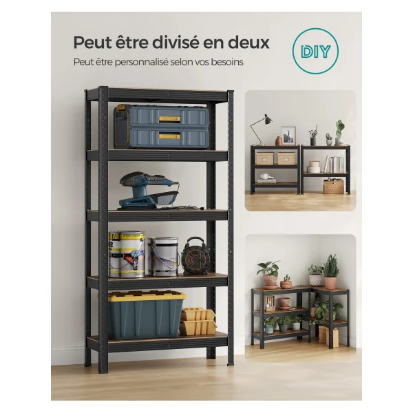 Étagère Noir Marron Rustique 75 x 30 x 150 cm 5 niveaux Rack Rangement Stockage Charge Lourde 650 kg