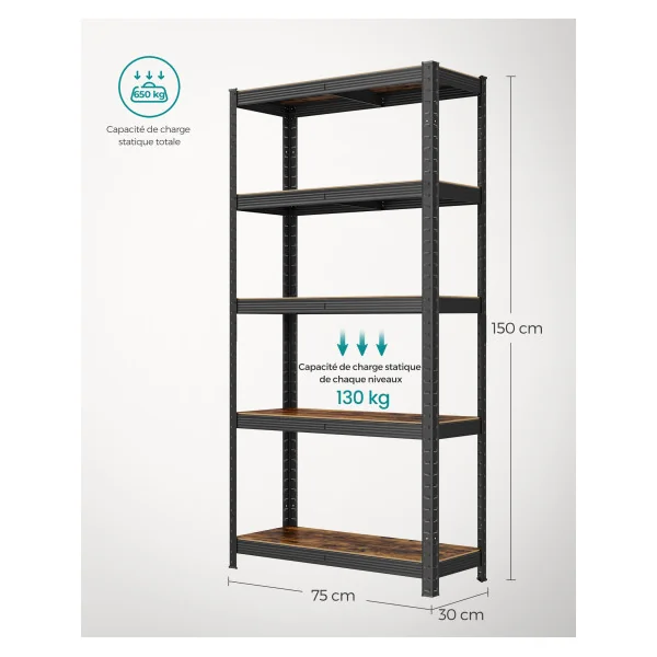 Étagère Noir Marron Rustique 75 x 30 x 150 cm 5 niveaux Rack Rangement Stockage Charge Lourde 650 kg