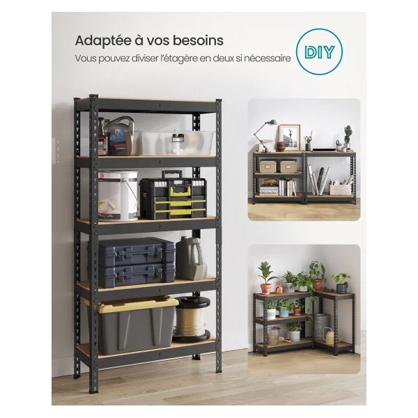 Étagère Noire Charge Lourde Rangement à 5 Niveaux 30 x 75 x 150 cm
